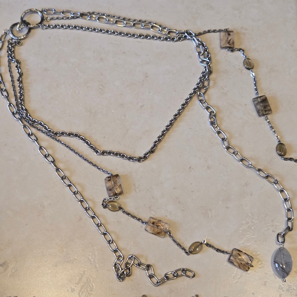 Ciner Vintage Multi Strand Long Necklace Silver Tone Smoky Stone Accents 40in